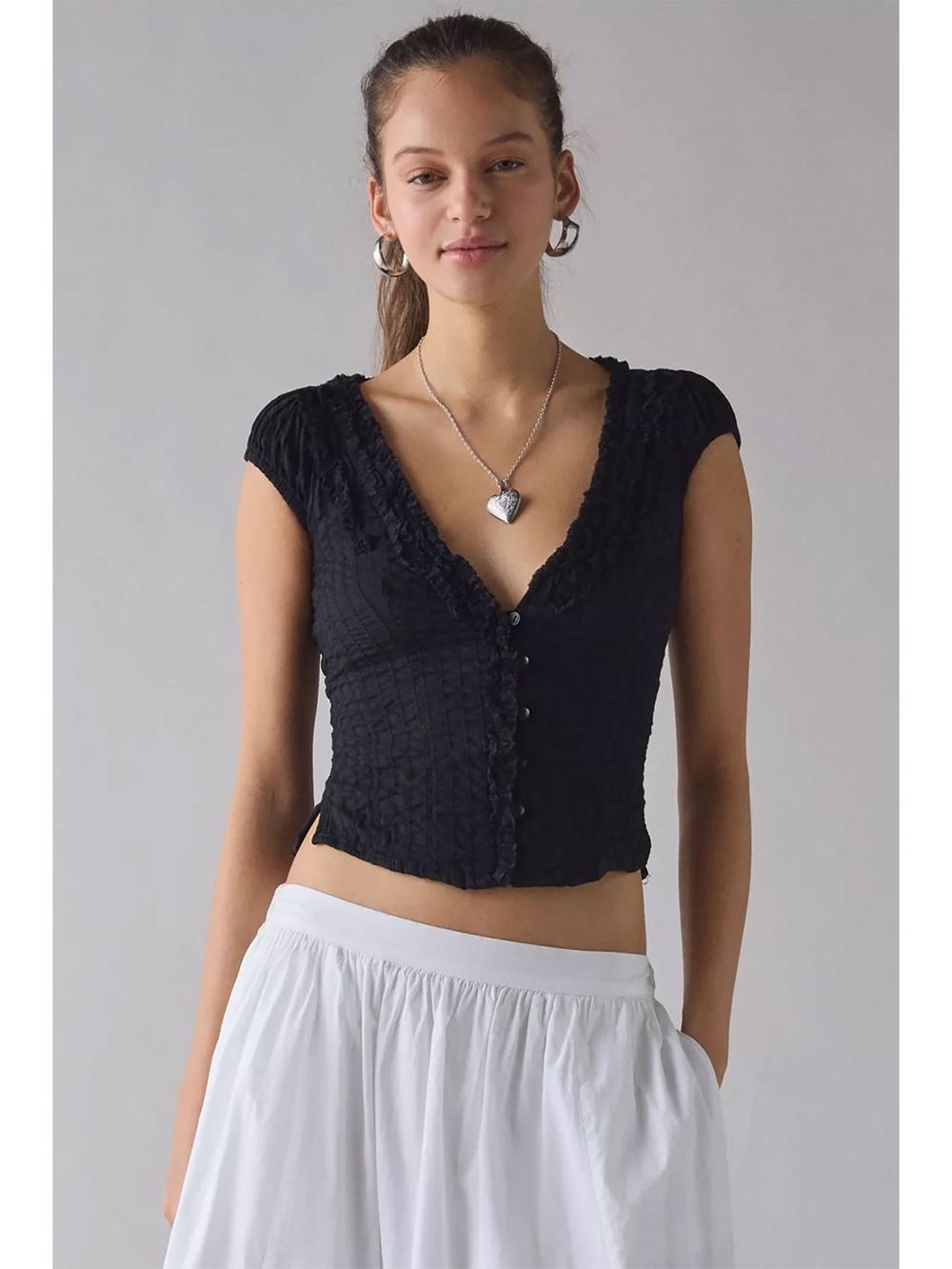 UO Kimchi Blue Ria Ruffle Cotton Gauze Button-Front Blouse - Black